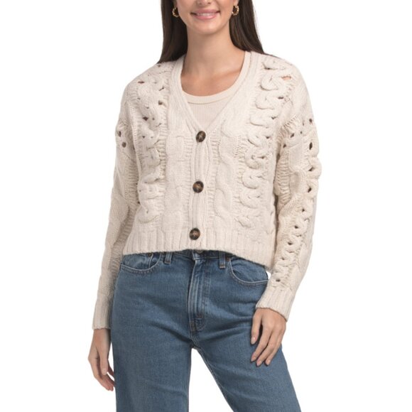 INDUSTRY Ivory Chunky Cable Knit Pointelle Cardigan - Picture 1 of 2